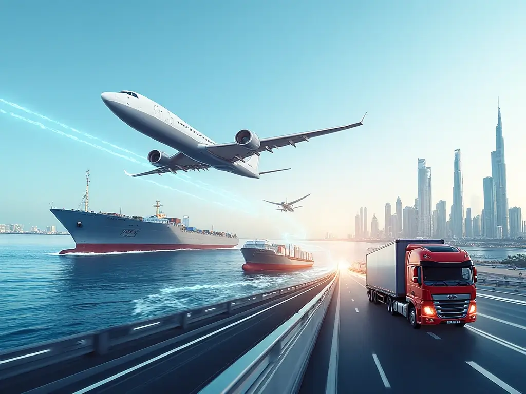 Realistic hero image showing Dubai cargo services with airplane, cargo ship, and truck representing air, sea, and road freight. Dubai skyline in the background, highlighting shipping routes from UAE to Saudi Arabia, Qatar, Oman, Bahrain, and Kuwait. Professional logistics and door-to-door cargo delivery concept.