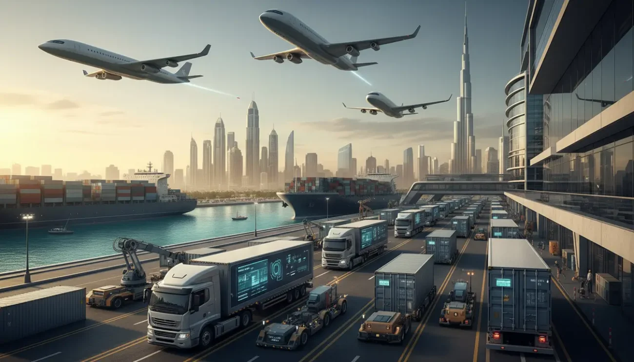 How Cargo Services Work in Dubai – Air freight, sea freight, road cargo, and door-to-door delivery illustration